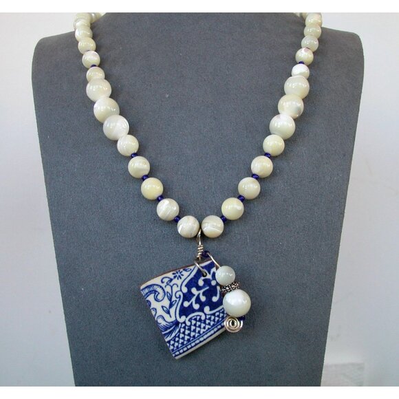 Vintage Ceramic Tile Necklace With Mother Of Pearl Beads & Blue Accents - Picture 1 of 3